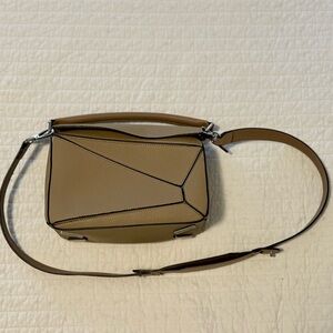 Tan Geometric Puzzle Crossbody Bag with Adjustable Strap